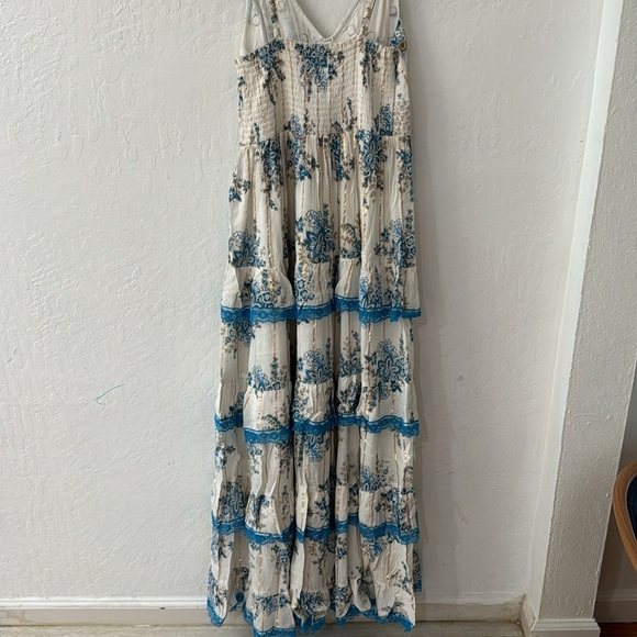 ANANTA S/M Blue Gold Metallic Lace Trim Boho Maxi Dress Made in India 25120 - Picture 11 of 11